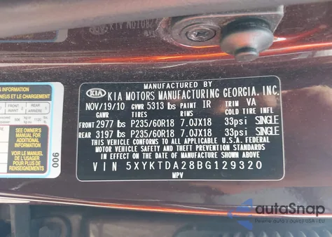 2011 Kia Sorento Lx V6 z USA, uszkodzony, nr VIN 5XYKTDA28BG129320